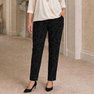 Talbots Velour Black Denim Jean High Rise Texture Floral Pant Wide Leg 12 Cotton